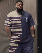 Street Casual Striped Contrast Color Stitching K Letter Crown Print Large Men's Suit